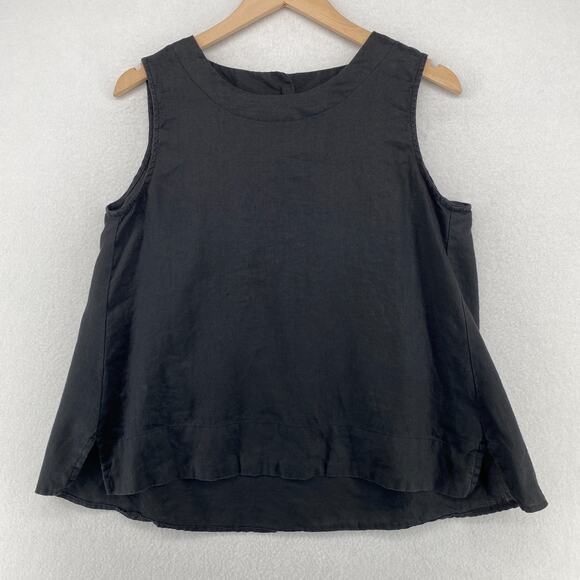 LINEN Blouse Womens M Swing Tank Top Round Neck Sleeveless Black - Picture 1 of 11